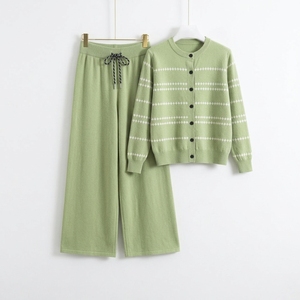Spring Women's Casual Two-Piece Embroidered Patchwork Sweater Suit Knitted Striped Cardigan <b>Top</b> Loose Pants Knitwear Set - Product Image 5