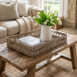 Rattan Serving Tray with Geometric Open-weave Design, <b>Rustic</b> Decorative Tray with Handles for <b>Coffee</b> <b>Table</b> & Home Decor - Product Image 4