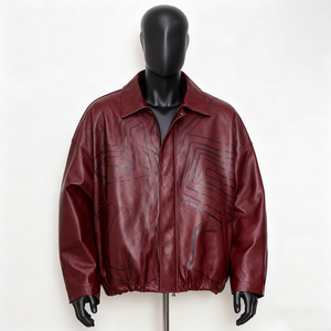 PIHA SPORTS Men's Varsity <b>Jacket</b> Green Color Block Stand Collar Casual Genuine Leather Outerwear Winter Regular Fit Biker Front - Product Image 5