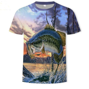 Men's Black Fishing <b>T</b>-<b>Shirt</b> With White <b>Fish</b> Print Front Design 100% Cotton Pullover Style - Product Image 5
