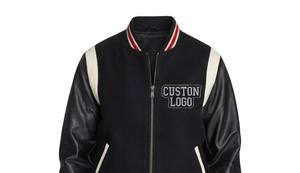 Veste varsity noire pour homme, manches en cuir PU, logo brodé, fermeture éclair sur le devant, style preppy, vêtement d'automne - Product Image 4