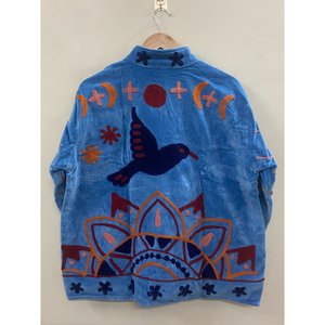 Hand Embroidered <b>Velvet</b> Jacket <b>Women</b> Mandarin Collar Full Sleeve Autumn Open Front <b>Coat</b> With Birds And Hearts Pattern - Product Image 3