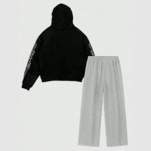 Conjunto de chándal unisex personalizado con estampado bordado en relieve, pantalón y sudadera con capucha corta de forro polar holgado - Product Image 3