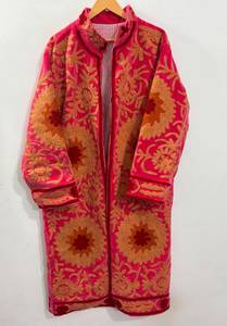 Custom Luxury Handcrafted Hot Pink <b>Velvet</b> Embroidered Long <b>Coat</b> Traditional Uzbek Suzani Bohemian Floral Design Winter <b>Women</b> - Product Image 4
