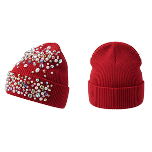 Trendy Red Rhinestone Beaded Knit Beanie <b>Hat</b> for <b>Women</b> Men Unisex Warm <b>Winter</b> Cuffed Skull Cap with Pearl Crystal Embellishments - Product Image 3