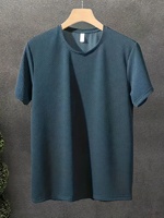 T-shirt décontracté pour homme, bleu, en maille gaufrée, manches courtes, col rond, coupe classique, couleur unie, respirant, 100% coton