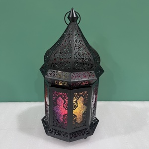 Moroccan Style Black Metal Iron Glass <b>Hexagon</b> Carved Decorative Candle Lantern Ramadan Eid Table Home Decoration Artisan Design - Product Image 1