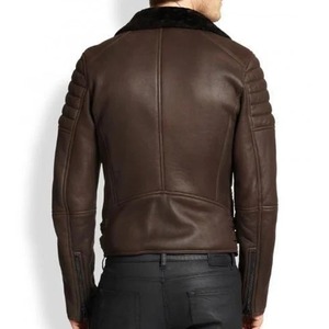 Veste en cuir d'agneau marron pour homme, style Cafe Racer, avec fourrure noire en shearling - Product Image 2