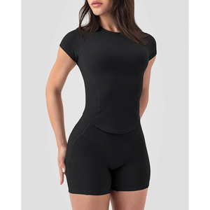 Women Seamless <b>Black</b> <b>Short</b> <b>Sleeve</b> <b>Crop</b> <b>Top</b> Crew Neck Solid Color Yoga Activewear Skinny Fit Breathable Spandex Polyester - Product Image 5