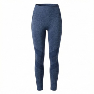 Leggings pour femmes à taille haute, sans couture, longueur intégrale, couleur unie, sportifs, extensibles, respirants, en tricot, matière en spandex et nylon - Product Image 1