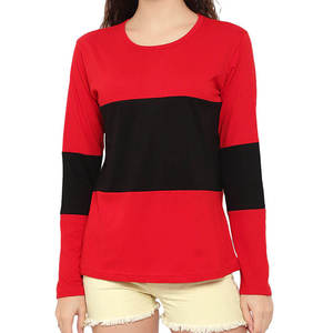 T-shirt à manches longues pour femme, col rond, tricoté, décontracté, coupe ample, anti-plis, 100% coton, color block rouge et noir, avec logo - Product Image 1