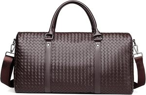 Men's Woven Leather Weekender Duffle Bag Diamond Pattern Large Capacity Zipper Closure Travel Bag <b>Soft</b> Handle - Product Image 2
