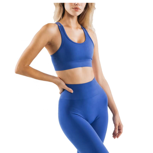 Seamless 2 Piece Yoga Set <b>Women</b> High Waist <b>Leggings</b> Crew Neck Adjusted-straps Workout Outfit <b>Blue</b> Spandex/Nylon Active Stretch - Product Image 4