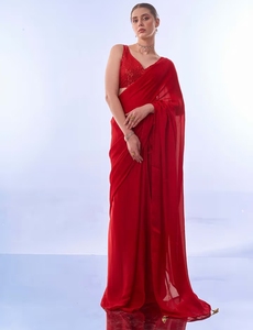 KV <b>Red</b> Solid Pre-Draped Bollywood Style Saree With Unstitched <b>Blouse</b> - Product Image 4