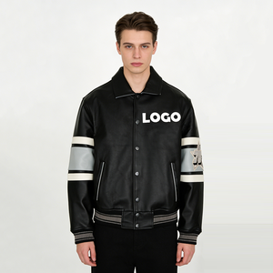 Veste en cuir PU pour homme, col rabattu, fermeture boutonnée, couleur unie noire, logo lettré sur le devant, tenue décontractée d'automne - Product Image 1