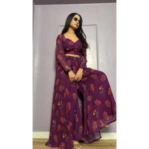 Robe de soirée Indo-Occidentale à imprimé floral, magnifique robe en mousseline de soie à coupe trapèze avec taille empire, imprimé numérique - Product Image 2