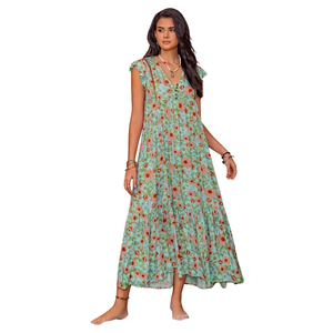 Vestido Maxi Floral con Corte en A para Mujer, Vestido de Manga Corta con Lazo Delantero - Product Image 4