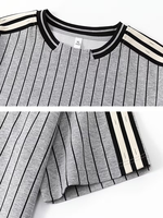 Men's Gray Striped O-Neck Short Sleeve Knitted Polyester/Cotton T-Shirt Contrast Trim Casual Regular Fit Eco-Friendly Quick Dry