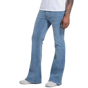 Pantalones vaqueros de mezclilla ajustados de la mejor calidad para hombre, con corte acampanado, elásticos y personalizables, con efecto desgastado por el sol. - Product Image 2