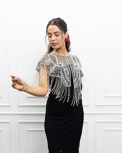 Women’s <b>Silver</b> Fringe Short <b>Cape</b> with Embroidered Net and Tubelight Cutdana Work - Product Image 2