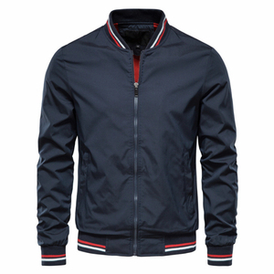 Blouson bomber bleu marine pour homme avec garniture rouge et blanche, fermeture éclair, vêtement décontracté d'automne, coupe classique, matière polyester - Product Image 3