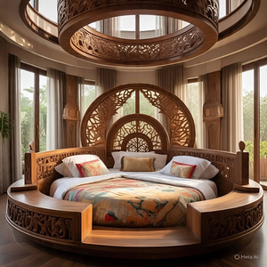 Base de cama contemporánea de madera tallada con líneas fluidas y cabecero escultórico calado, disponible a precios de mayorista. - Product Image 4