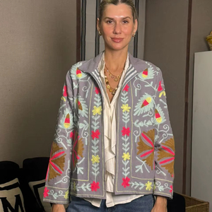 Boho Chic Suzani Floral Embroidery 100% Cotton Autumn <b>Winter</b> <b>Quilted</b> Canvas Handmade Button Finished Eco-Friendly Regular Jacket - Product Image 1
