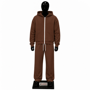 Brown Men Tracksuit Set Plain <b>Full</b> <b>Zip</b> <b>Hoodie</b> Jogger Pants Custom Wholesale Casual Streetwear Sportswear Fleece Two Piece Wear - Product Image 1