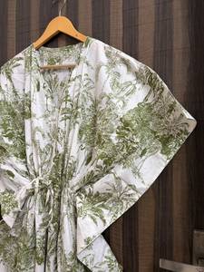 Women's Green Tropical Print Maxi <b>Kaftan</b> Dress V-neck Batwing Sleeve <b>Beach</b> Cover Summer Resort Wear Regular 100% Cotton Vacation - Product Image 4