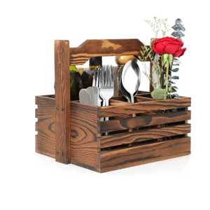 Rustic Wooden Cutlery Holder Kitchen Utensil Organizer with Handle Multi Compartment Spoon Fork Knife <b>Storage</b> Box <b>Tabletop</b> Rack - Product Image 1