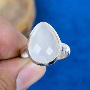 Natural White Chalcedony Gemstone Pear Shape Handmade <b>Ring</b> <b>925</b> Sterling <b>Silver</b> Finish - Product Image 1