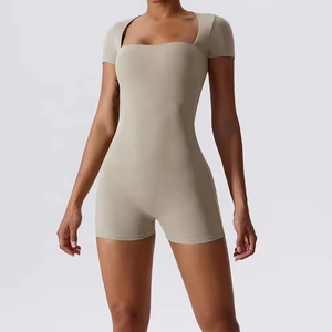 Mono de mujer de cintura alta con cuello cuadrado y manga corta, color liso, control de abdomen, moldeador, estilo minimalista, ropa de calle, primavera-verano - Product Image 1