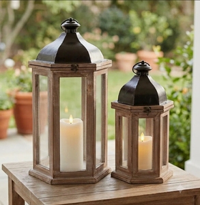 Juego de Faroles de Madera para Velas, Portavelas Hexagonal Vintage con Techo de Metal, Lámpara Decorativa Rústica Tipo Huracán para Decoración del Hogar y Jardín - Product Image 3