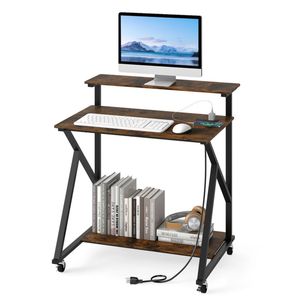 Scrivania Mobile Marrone Rustico da 32 Pollici, Tavolo per Computer Regolabile con Supporto Monitor e Presa di Corrente, in Legno - Product Image 2