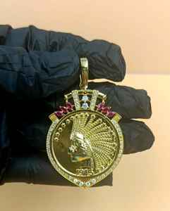Pendentif en argent 925 avec pièce de monnaie américaine de 10 dollars de 1915, motif tête d'Indien, bijoux hip-hop, moissanite VVS, pendentif sur mesure pour homme - Product Image 3