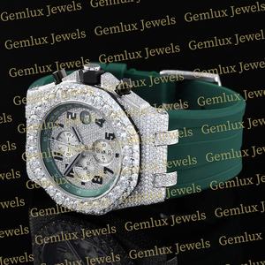Venta caliente Cronógrafo Pass Diamond Green Rubber Strap Tester D VVS Moissanite Diamond Auto Date Watch para hombres - Product Image 2