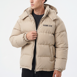 Trendy Beige Color Men's Winter Padded Outerwear Jacket Hooded Quilted Full Zip Insulated Warm Coat Casual Outdoor Regular Fit - Product Image 1