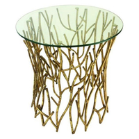 Table d'appoint de luxe pour salon, hôtel, maison, avec plateau rond en verre, décorée de fleurs et de bourgeons dorés et noirs, design élégant.
