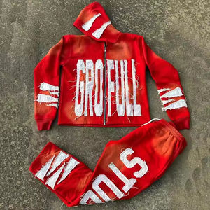 Custom Logo Breathable Winter Solid Streetwear Acid Wash Flared Tracksuit Mens 100% Cotton Distressed Embroidery <b>Applique</b> - Product Image 3