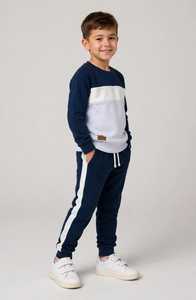 Ensemble de survêtement décontracté pour garçons, sweat-shirt à blocs de couleur bleu marine et blanc, manches longues, col rond, 100 % coton, poches latérales, cordon de serrage - Product Image 4