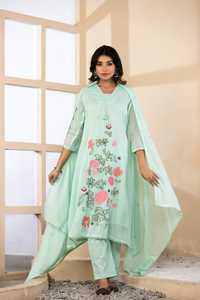 Premium <b>Mint</b> Green Mul Cotton A Line Embroidered Suit Set for Women with Pant Dupatta Ethnic Wear - Product Image 3
