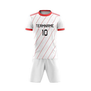 ชุดเสื้อฟุตบอลผู้ชายสั่งทำพิเศษ สีขาวแดงลายทาง พิมพ์ลายแบบ Sublimation ระบายอากาศได้ดี ผ้าโพลีเอสเตอร์ แขนสั้น ชื่อทีม 10 ชิ้น ไซส์ผู้ใหญ่ - Product Image 3