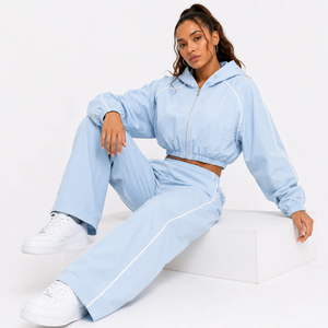 Vocksin <b>Women's</b> Ice Blue Cropped Hoodie Tracksuit Lightweight Zipper <b>Jacket</b> Wide Leg Pants Set 100% Cotton Printed - Product Image 2