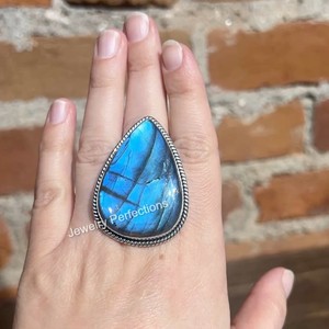 925 <b>Silver</b> Plated Fashionable Brass Gemstone <b>Rings</b> Blue Labradorite Largest <b>Ring</b> Women's Wedding Engagement Jewelry for Parties - Product Image 1