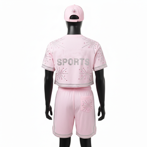 Conjunto de Top Corto para Mujer, Tela de Algodón y Poliéster de Alta Calidad, 220 GSM, Rosa Claro, Logotipo de Cristal, Ropa Deportiva, Conjuntos Femeninos - Product Image 2
