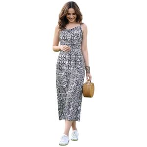 Vestido Midi con Tirantes Finos y Estampado Geométrico, Ajustado, Casual, de Verano, Tejido en Poliéster - Product Image 1