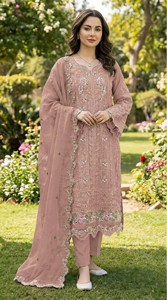 Dhwaja Export - Ensemble semi-couturié en mousseline avec broderie et travail de cristaux Khatli - Product Image 2