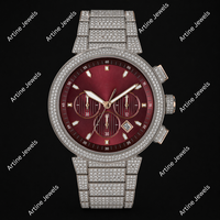 Jam Tangan Kronograf Berlian Mewah dengan Dial Merah dan Tali Baja Tahan Karat, Jam Tangan Pria yang Menonjol, Perhiasan Fashion Premium.