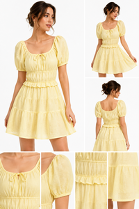 Vestido Casual de Verano para Mujer, Venta Directa de Fábrica, Amarillo, de Algodón y Lino, Mini Vestido con Cuello Cuadrado, Manga Abullonada y Diseño en Capas - Product Image 5