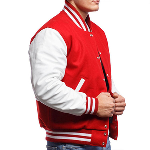 <b>Men's</b> Red <b>White</b> Varsity <b>Jacket</b> Preppy Style Regular Fit Turn-down Collar Button Closure Polyester Cotton Shell - Product Image 5